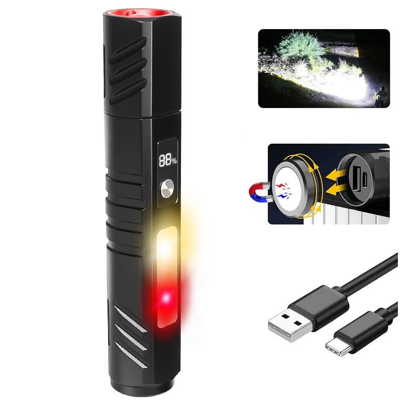Emergency Light with Red Light Strobe- High-Power Magnetic Torch, Dual Interface, Zoom Waterproof Lantern for Work Emergencies