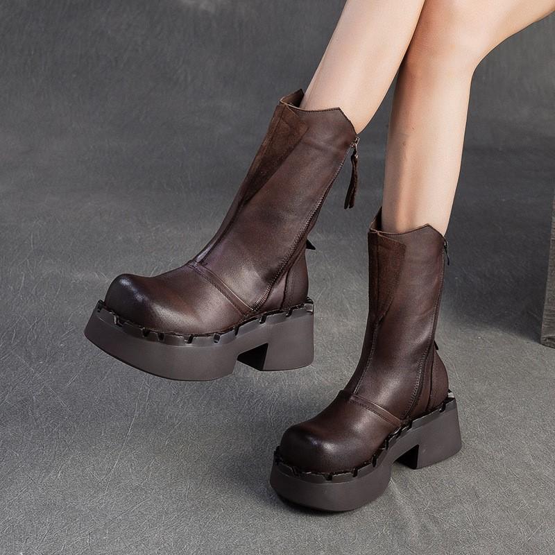Johnature Genuine Leather Mid-calf Boots Retro Commuter Side Zipper Thick Heel Thick Bottom Women's Boots
