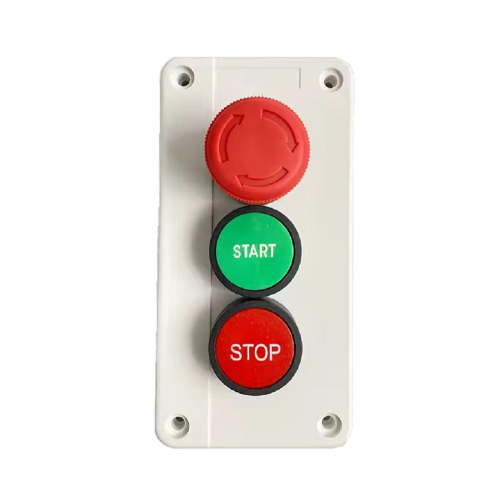 Three-Button Push Button Switch Station 10A Rated for Control Circuits with Red Exigent Stop and Dual NO Actuation