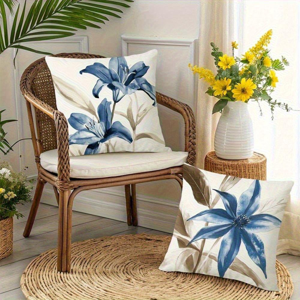 Blue Hydrangea Lily Throw Pillow Covers, Watercolor Iris Floral Print Cushion Cases Botanical Home Decor For Bedroom Living Room