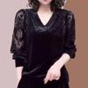 Women Diamond Sexy Sheer Lace Patchwork Elegant Basic T Shirt Spring Autumn Fashion V Neck Long Sleeve Black Pullover Tops