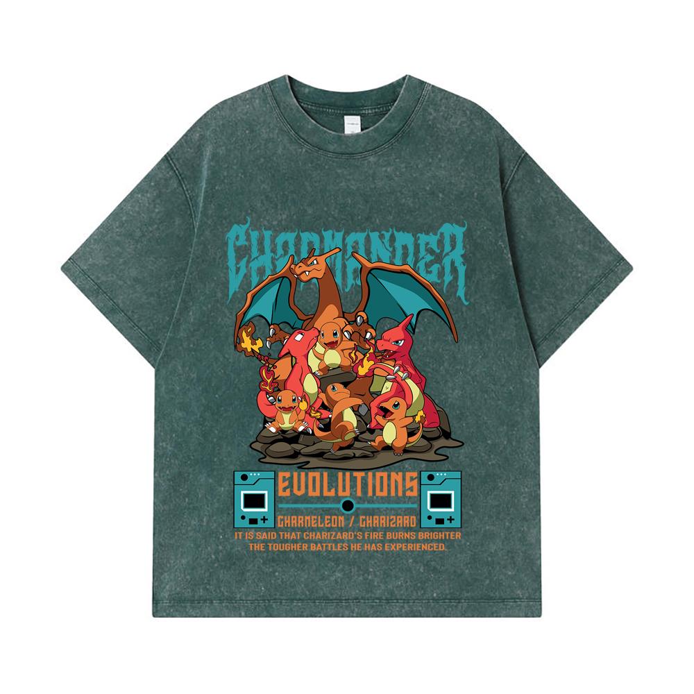 275 GSM Washed T-shirts 100% Cotton Pokemon V6 Charmander Evolutions Print Unisex Heavy Cotton T Shirt