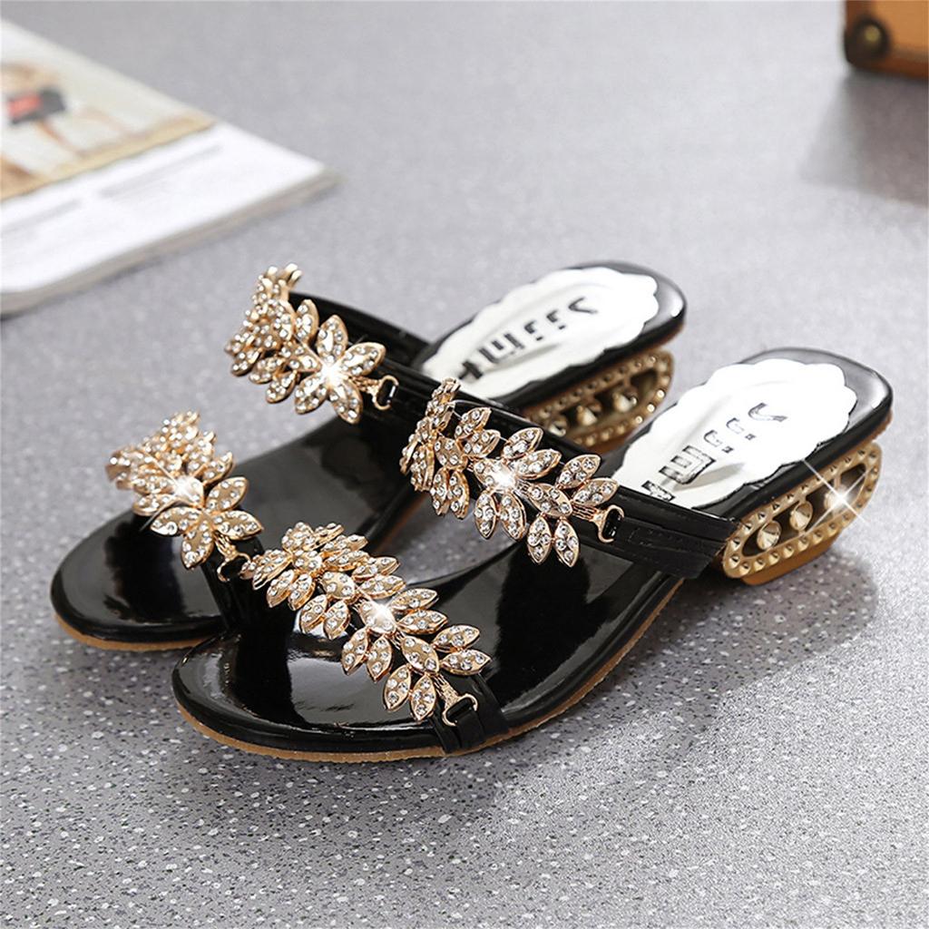 Summer New Fashion Ladies Non-Slip Mid-Heel Rhinestone Slippers Sandals