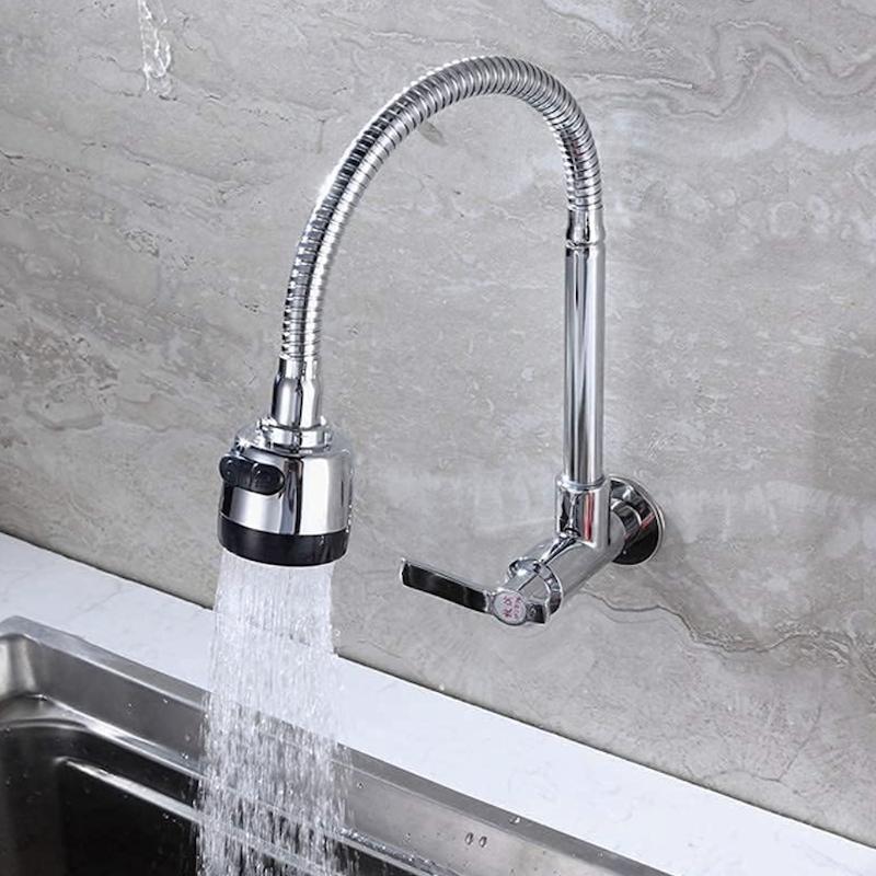 Modern Chrome Single-Handle Wall-Mounted Kitchen Faucet Classic Zinc Alloy Horizontal Ceramic Valve Core Household Rotating