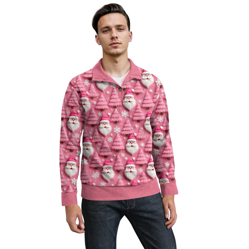 Men's Christmas Cotton Pullover Long Sleeve Outdoor Shirt Vintage Corduroy Button Stand Collar Shirt Casual Sweatshirt Christmas Print Top