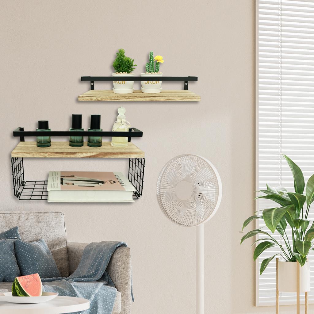 Floating Shelves Wall Mounted Bathroom Shelves with Paper Storage Basket Wooden Wall Shelves for Bathroom Kitchen Storage Rack