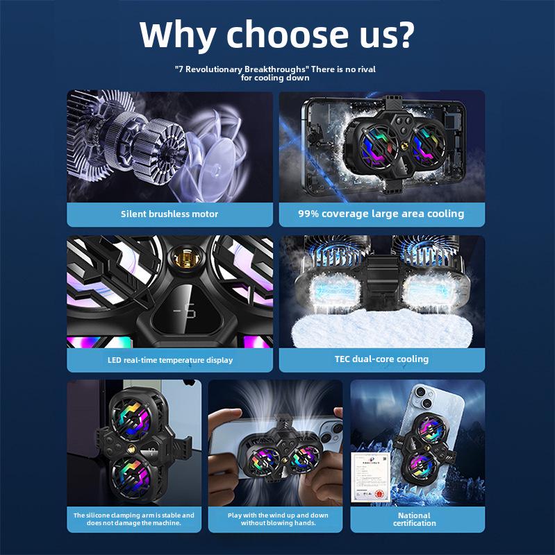 Двухъядерный мобильный кулер 2024 года: Цифровой дисплей температуры и зажим для полупроводникового радиатора