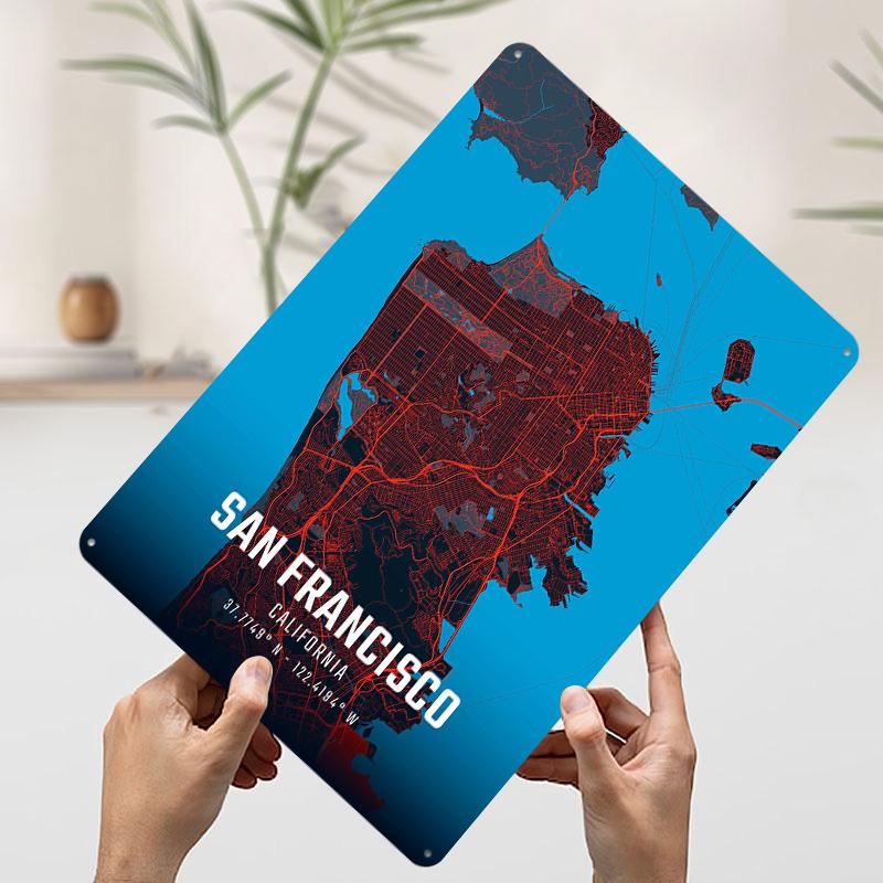 San Francisco City Map Personalized D Textured Metal Poster Wall Art Vintage Tin Signs for Bathroom Decor Room Wand Deko House