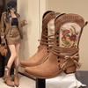 2025 Новые вышитые ботинки с принтами, ботильоны с кисточками для женщин, остроносые, на толстом каблуке, швейная обувь, повседневная уличная модная обувь