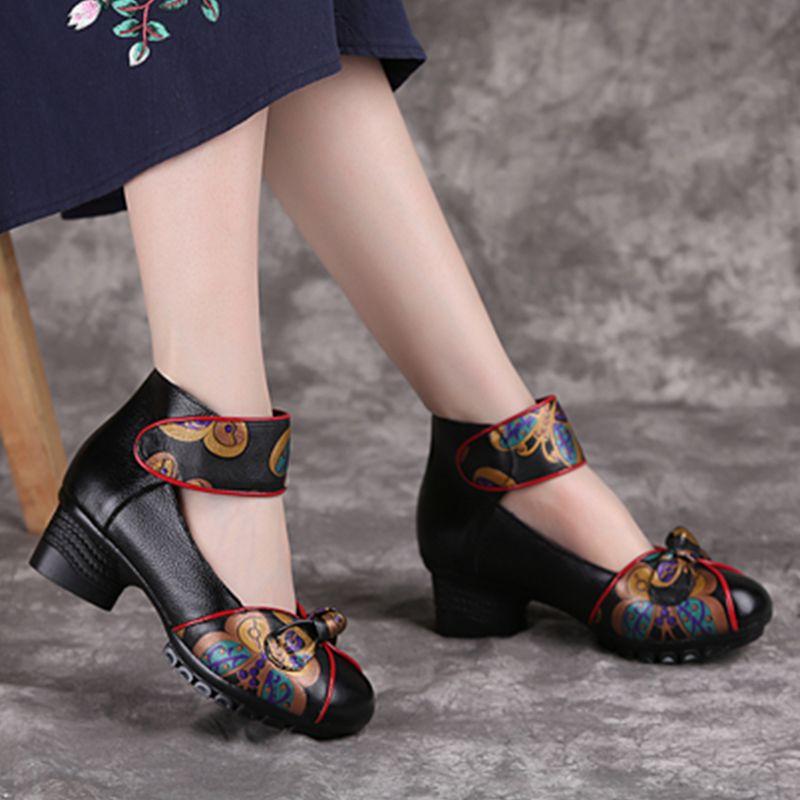 Высококачественные туфли-лодочки из натуральной кожи для мам, женские летние туфли-лодочки Мэри Джейн с липучкой, туфли на блочном каблуке с круглым носком, стильные туфли в этническом стиле