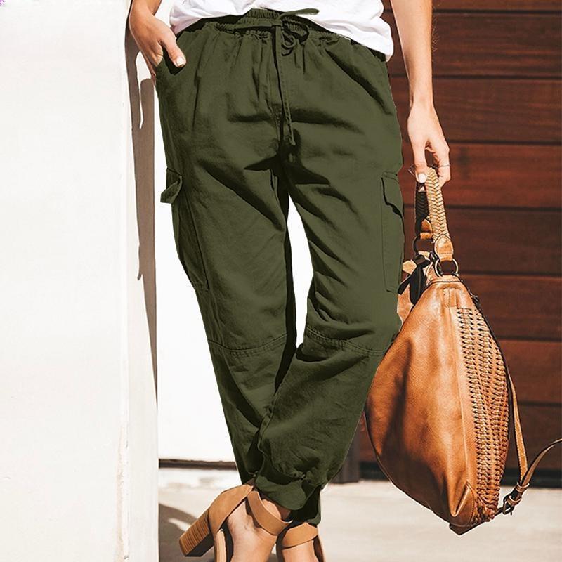 Coole elastische Cargohose für Mädchen und Frauen mit Bund, stilvolle Sommer-/Frühlingshose in Volltonfarbe mit Taschenfadensaum