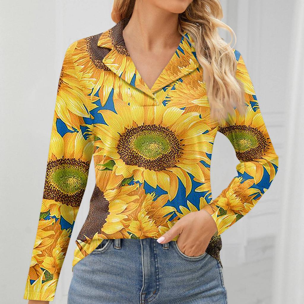 Женская мода для отдыха с длинным рукавом и V-образным вырезом с цветочным принтом
