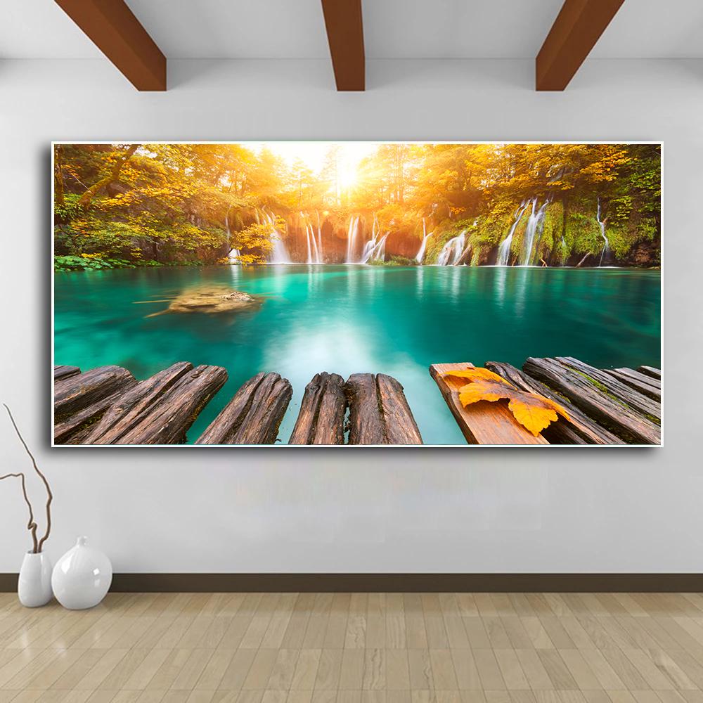 Природный пейзаж, водопад, настенные картины, холст, живопись, настенное искусство, зеленое, красное дерево, лес, постеры, принты для декора гостиной