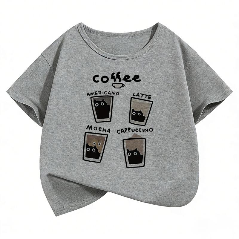 Coffee Cat Graphic Kids Tshirts Summer Short Sleeve Tees Cartoon Boys Girls Clothes Kawaii Tops Y2K Children Tshirt