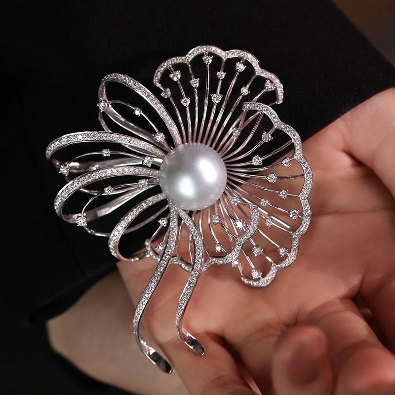 French High-End Gold-Plated Floral Brooch: DIY Zircon Pin with Pearl Corsage Setting