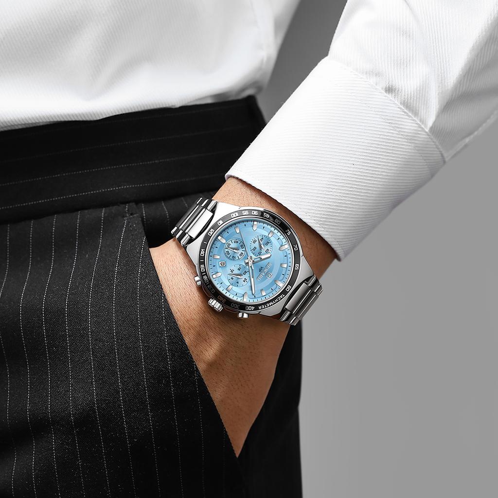 REWARD RD81967M New Men's Blue Quartz Movement Stainless Steel Band Chronograph Fashion Business Watch 30m Waterproof