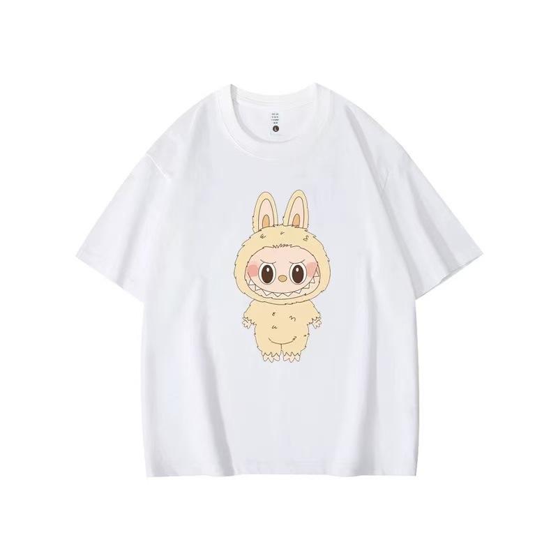 Летний топ с круглым вырезом и принтом с узором Лабубу, модная повседневная женская футболка с коротким рукавом из чистого хлопка