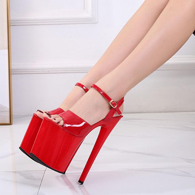 Patent Leather 20cm Platform Sandals Stiletto High Heels Sexy Sandals Women Pole Dancing Shoes Nightclub Sandals Plus Size 34-45