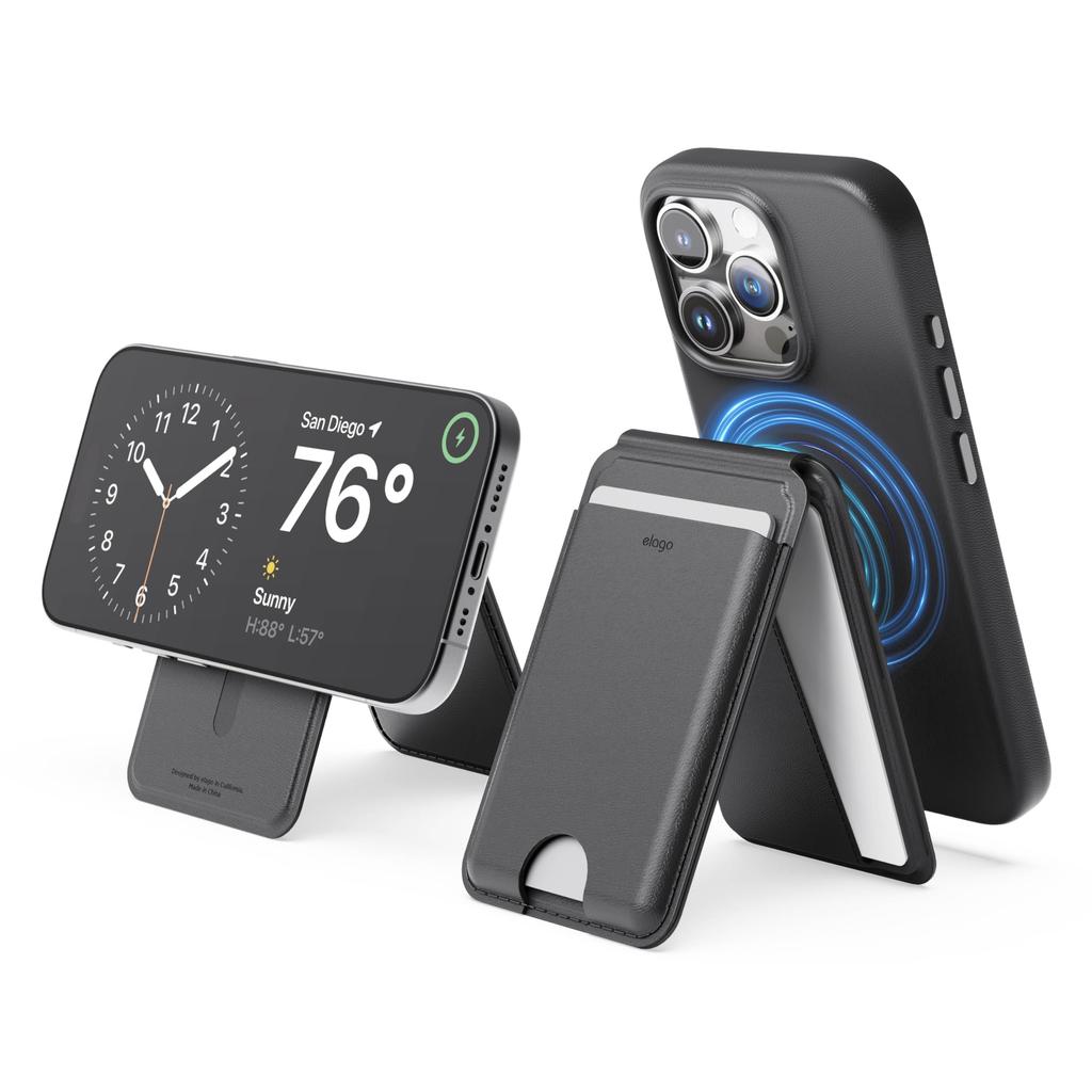 Elago Магнитный кошелек Кошелек из синтетической кожи с держателем для карт MagSafe и карманом для хранения карт с iPhone и подставкой, Черный, Тонкий, Антимагнитный,