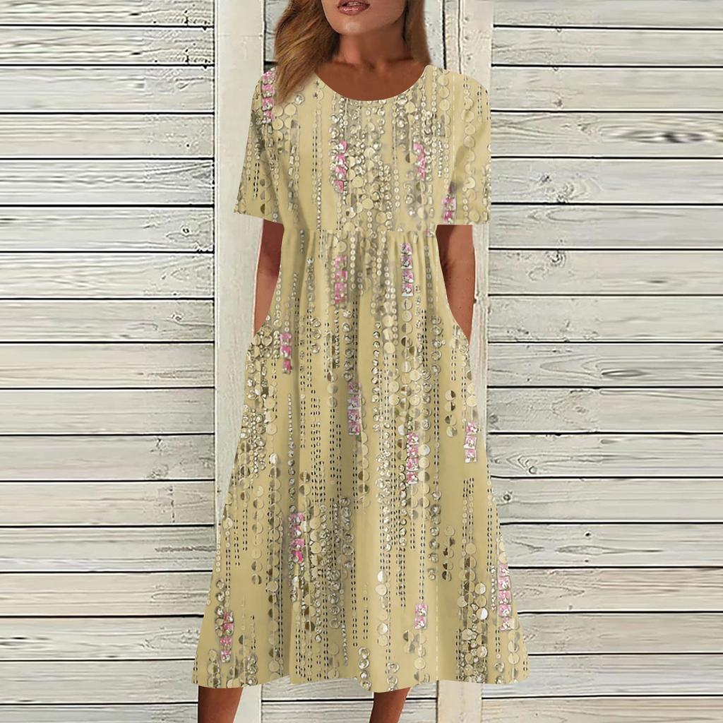 Women's Casual Dresses Printed Dresses Summer Dresses Printed Pleated Round Neck Midi Dresses Basic Classic Outdoor Daily Short Sleeve Loose Dresses