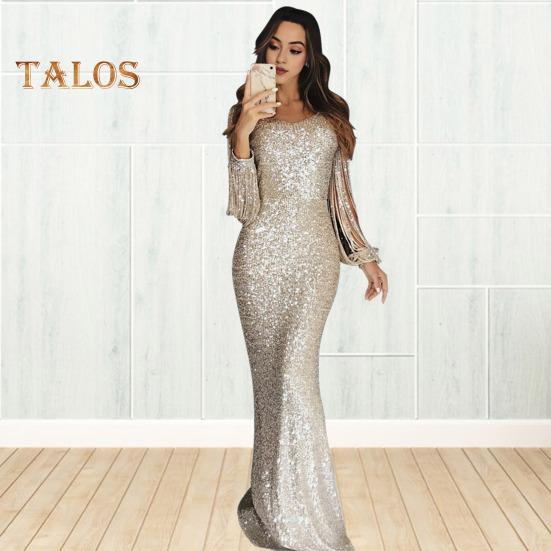 Женское платье для выпускного вечера с кисточками и рукавами-футляром, облегающее платье с V-образным вырезом, однотонное вечернее платье с блестками и рыбьим хвостом, коктейльное платье макси