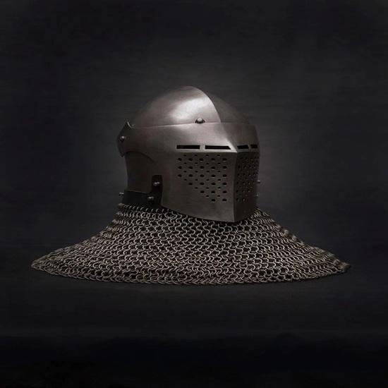 Spoleto Bascinet Helmet with Chainmail Medieval Combat-Ready Knight Armor Buhurt SCA Steel Helm Visored Bascinet with Liner