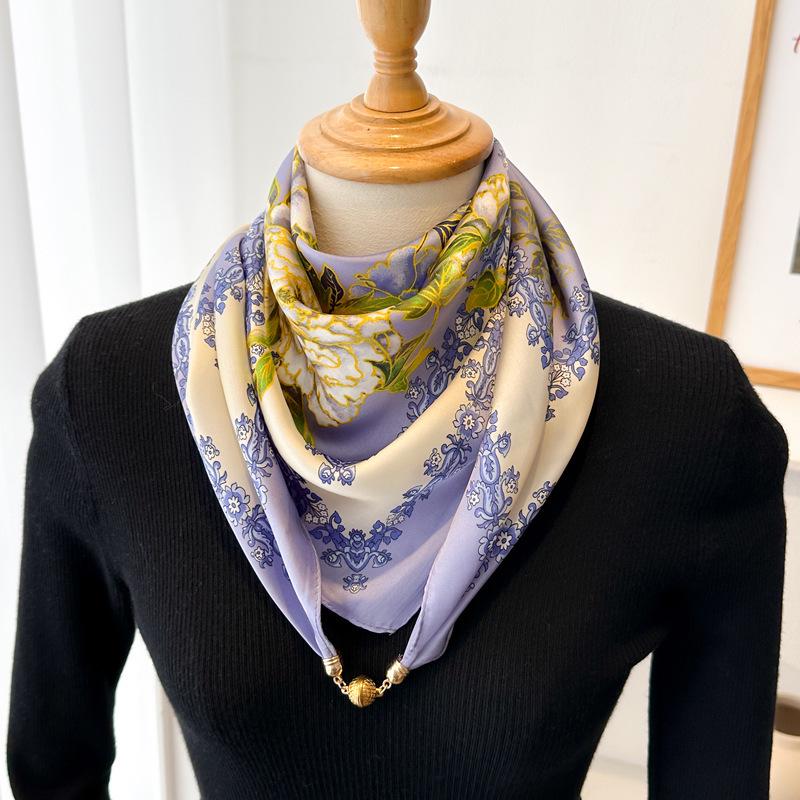 Magnetic Buckle Silk Neck Scarf: Triangle Design for Women, 70x70cm, Lightweight Spring/Summer/Autumn Accessory
