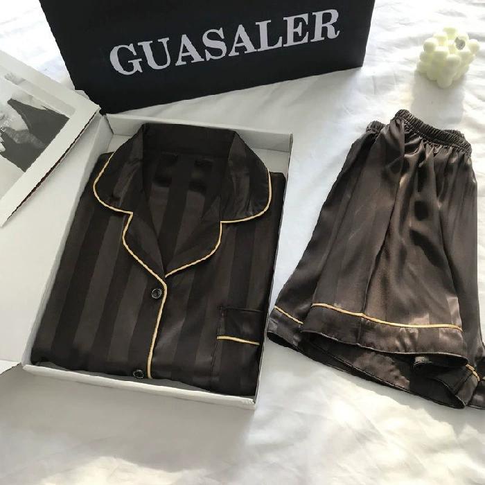 Spring and Summer Striped Simulation Silk Ice Silk Pajamas Women's Korean Jacquard Home Service Two-piece Suit