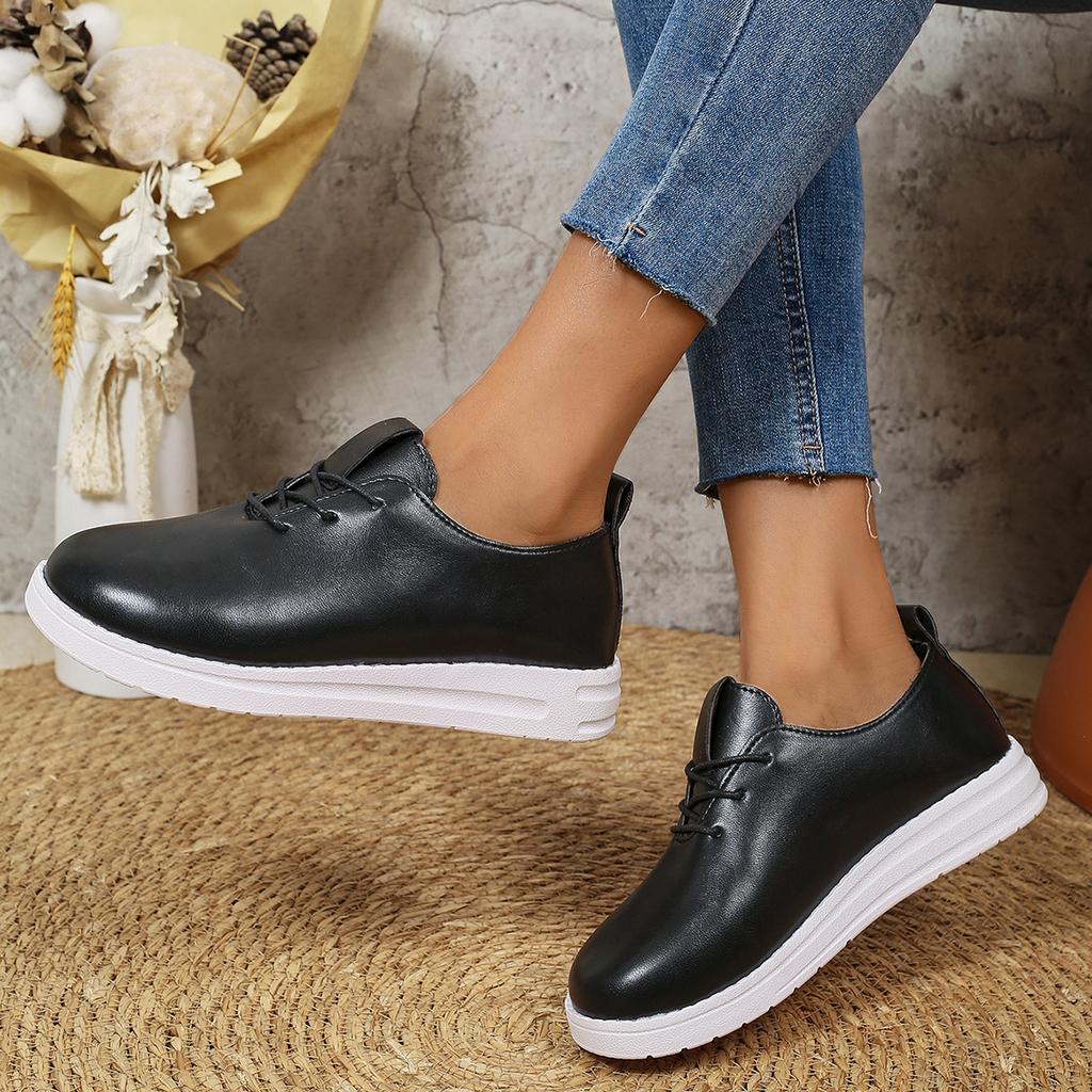 Fashion New Spring and Autumn Leather Women Shoes Solid Color Round Head Front Lace Up Comfortable Women's Casual Sneakers Size 36-42