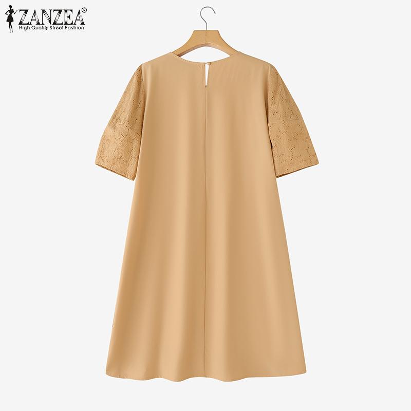 ZANZEA Женское элегантное платье-туника с пышными рукавами, кружевной вставкой спереди, крючком, пэчворк, в повседневном стиле
