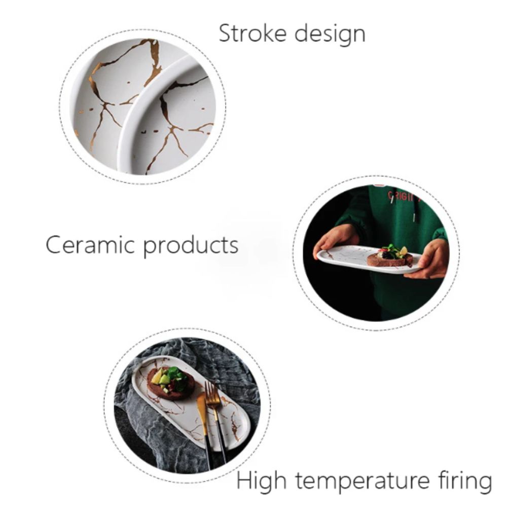 Мраморная текстура Нордический мраморный поднос Глазурованный золотой узор Фарфоровый материал Западное блюдо Роскошный дизайн Овальная форма Десертная тарелка
