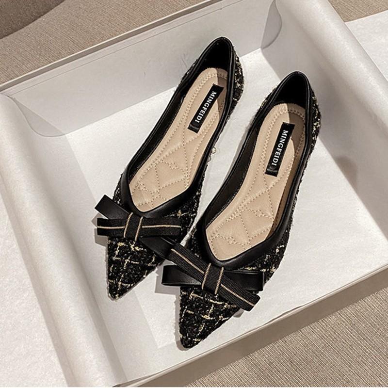Fashion Comemore Pointed Toe Flat Shoes for Women Shallow Black Sweet Bowknot Slip On Female Shoes Party Footwear Black Zapatos Mujer 40