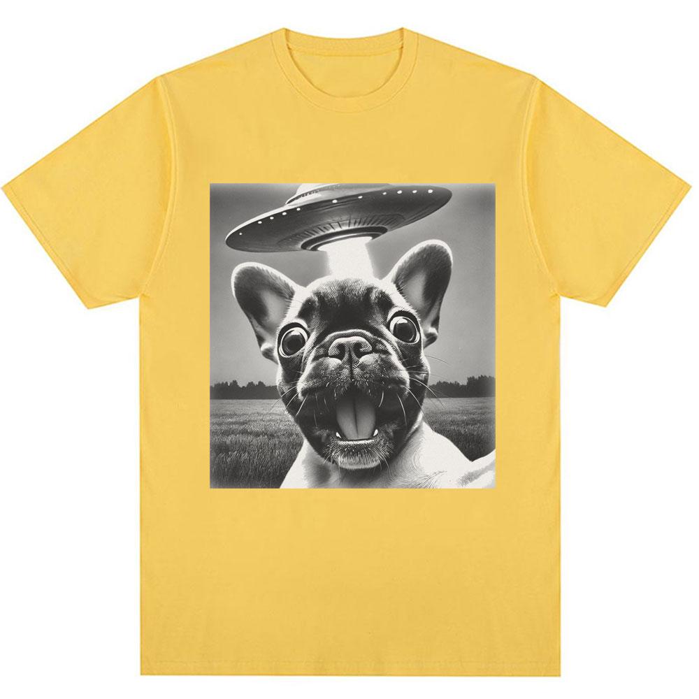 French Bulldog UFO Funny Meme Graphic T-shirt Vintage Fashion Men Women Short Sleeve Oversized Cotton Summer T Shirts Streetwear