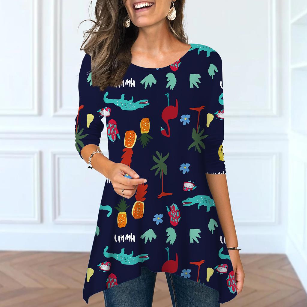 Женские весенние топы с круглым вырезом и принтом подсолнухов, модные футболки с длинными рукавами и неровным подолом