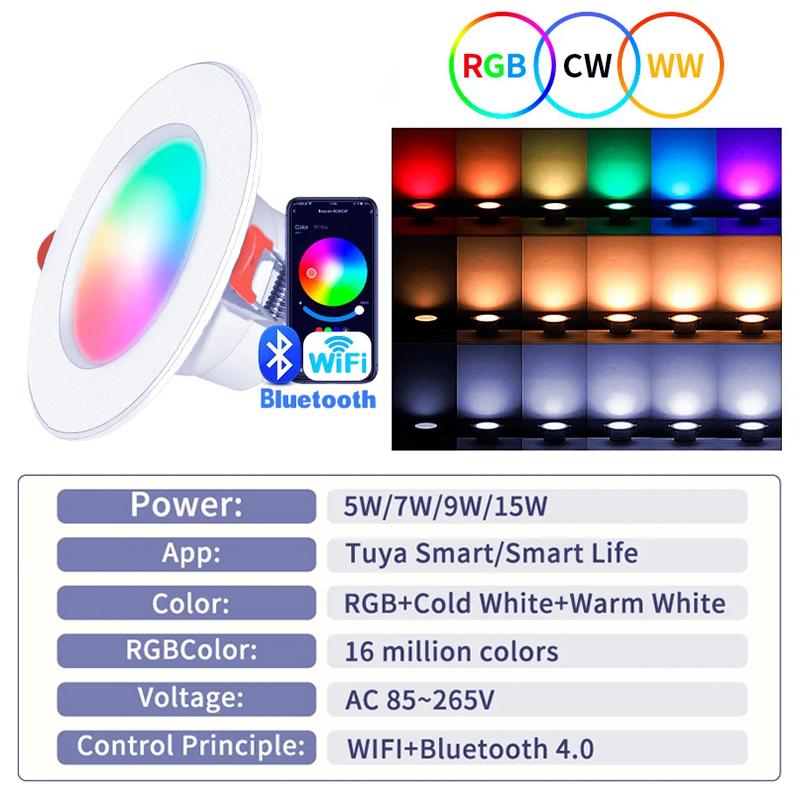 Tuya LED Downlight Wifi Alexa Smart Home Alice Yandex Google Встраиваемый потолочный светодиодный точечный светильник 110 В 220 В Диммируемая RGB-лампа