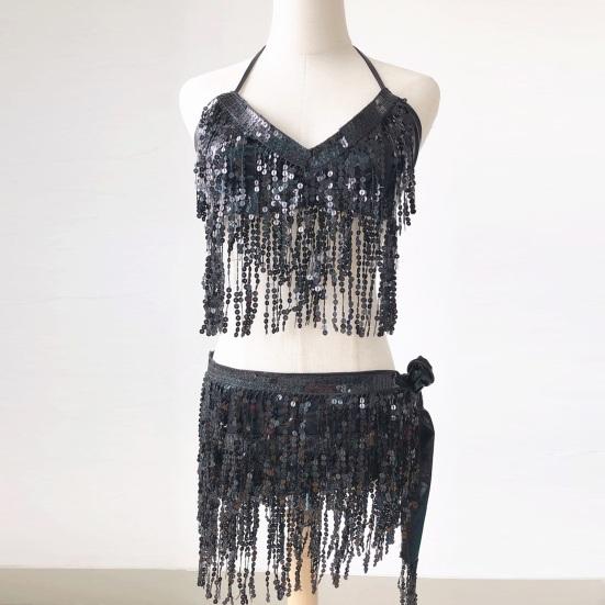 Костюм танцовщицы живота Топ-бра с пайетками и кисточками с бахромой и поясным платком Комплект Сверкающий костюм для рейв-вечеринки для женщин и девушек