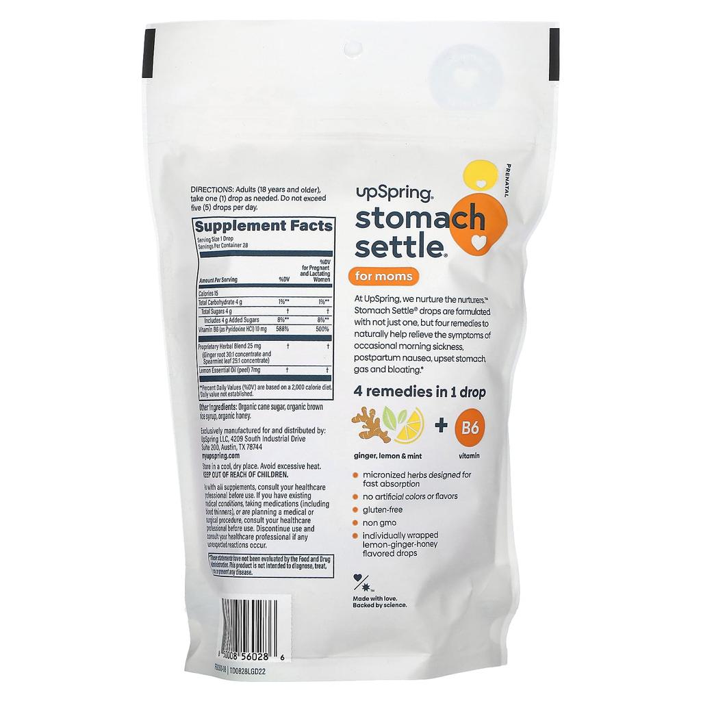 UpSpring Stomach Settle, для мам, лимон-имбирь-мед, 28 капель в индивидуальной упаковке