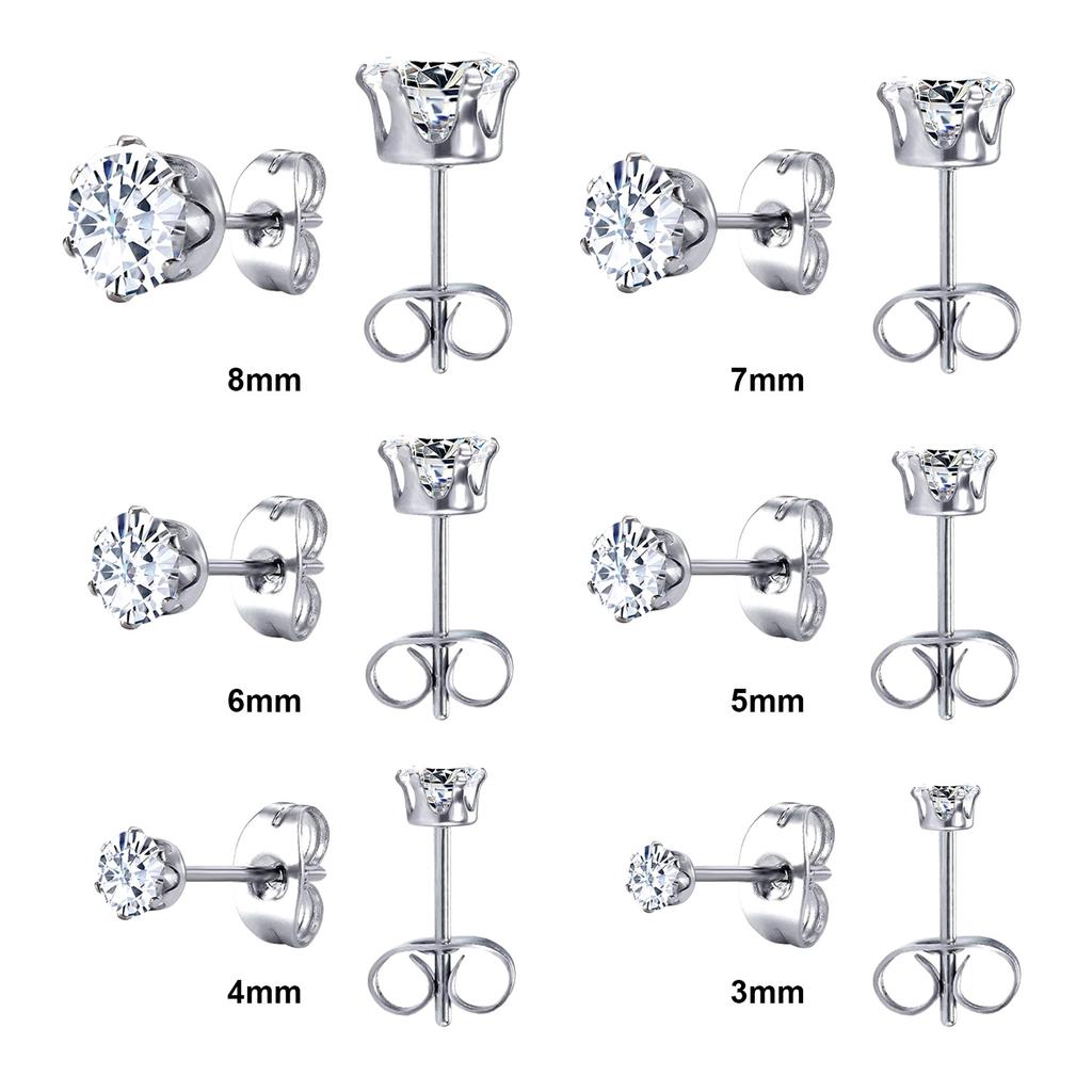 LUXUSTEEL 6Pairs/Set CZ Stud Earrings Stainless Steel Round White Cubic Zirconia Hypoallergenic 6 Claws Earring Trendy Jewelry