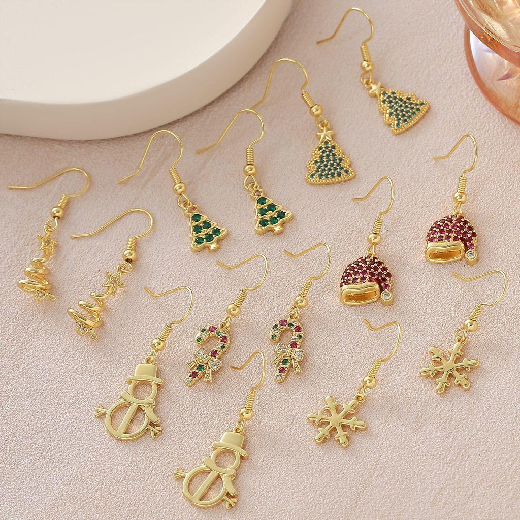 18K Gold-Plated Christmas Earrings: Snowman, Snowflake, Tree & Hat Studs