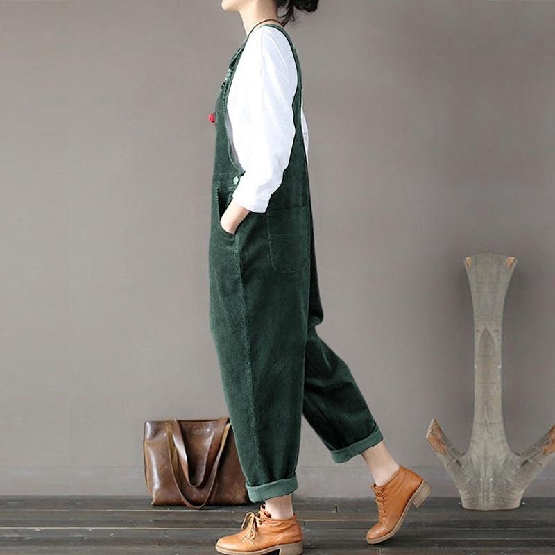 Vintage Women Corduroy Overalls Dungarees Solid Color Bib Pants Sleeveless Loose Jumpsuits Rompers