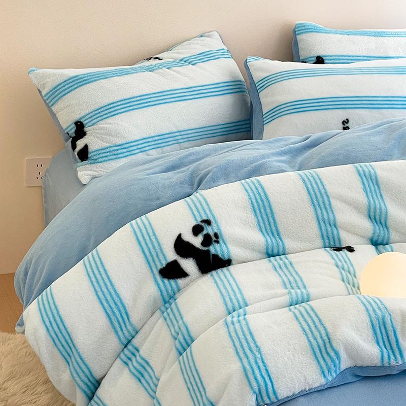 Rabbit Fleece Four-Piece Set, Thickened Milk Fleece Quilt Cover, Coral Fleece Bed Sheet Quilt Cover, Fleece Bedding