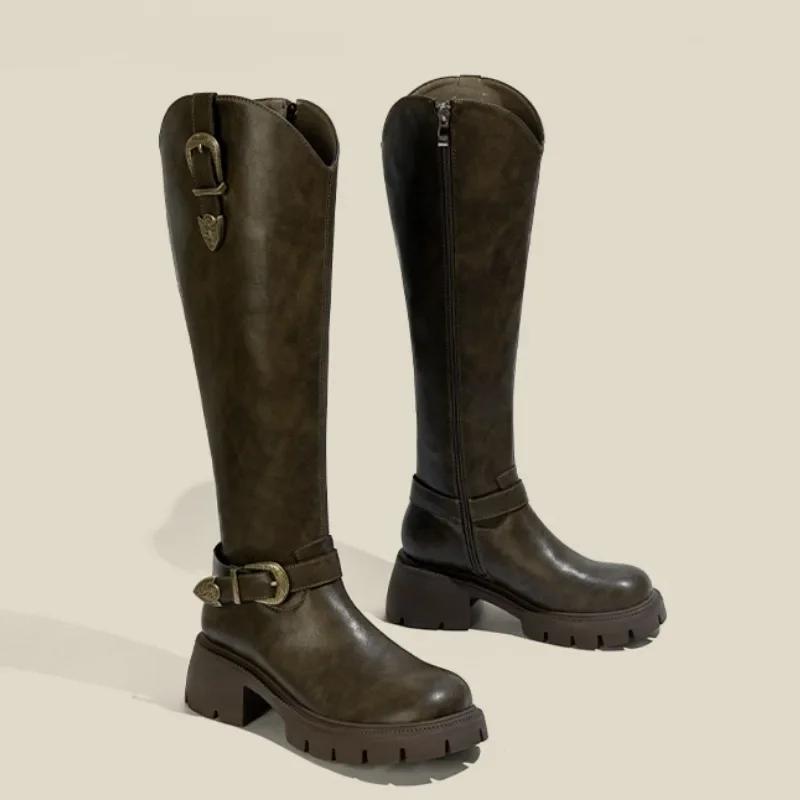 Распродажа модной женской обуви 2024 года, высококачественные женские ботинки с боковой молнией, осенне-зимние, с круглым носком, на высоком толстом каблуке, рыцарские сапоги