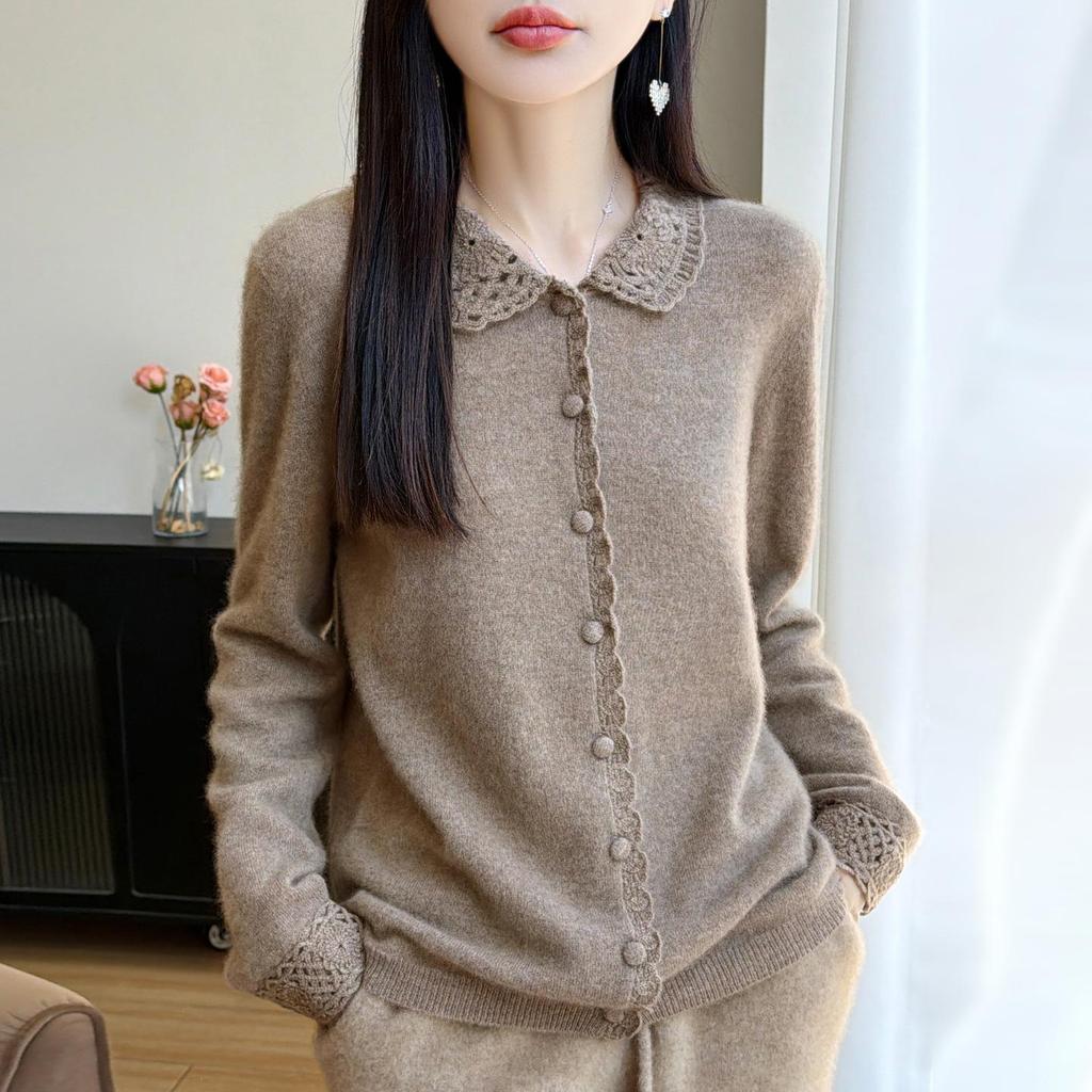 Autumn/Winter 2026 Pure Wool Polo Neck Crochet Knit Cardigan Sweater