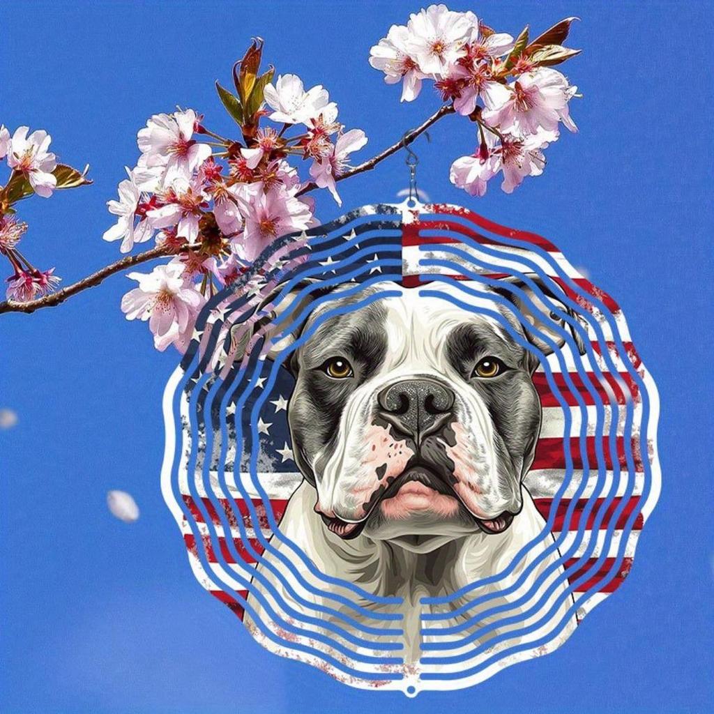Patriotic Metal Wind Chime American Flag Bulldog Design Dual Direction Rotating Garden Decor No Power Needed Easy To Install