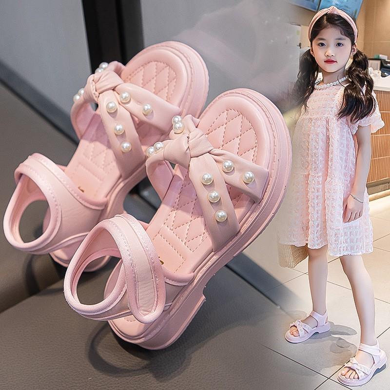 Girls Sandals With Pearl Decorations Soft Sole Princess Style Beach Shoes Toddlers Kids