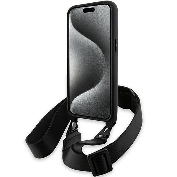 BMW Чехол для iPhone 15 Pro 6.1 Black/Black Hardcase M Edition Carbon Tricolor Lines & Strap (черный/черный)