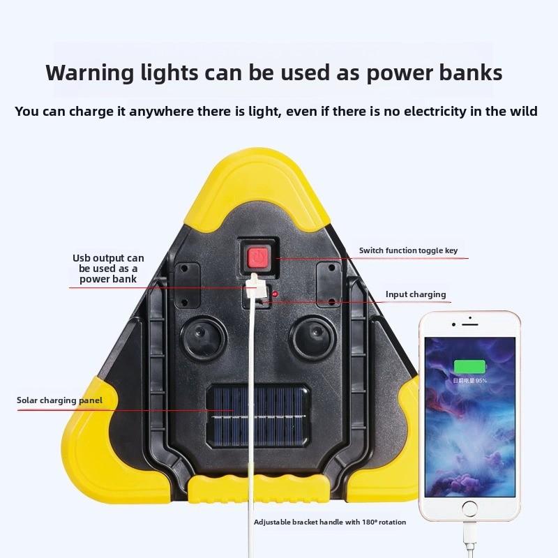 Triángulo de advertencia para coche con luz LED solar y señal de emergencia reflectante