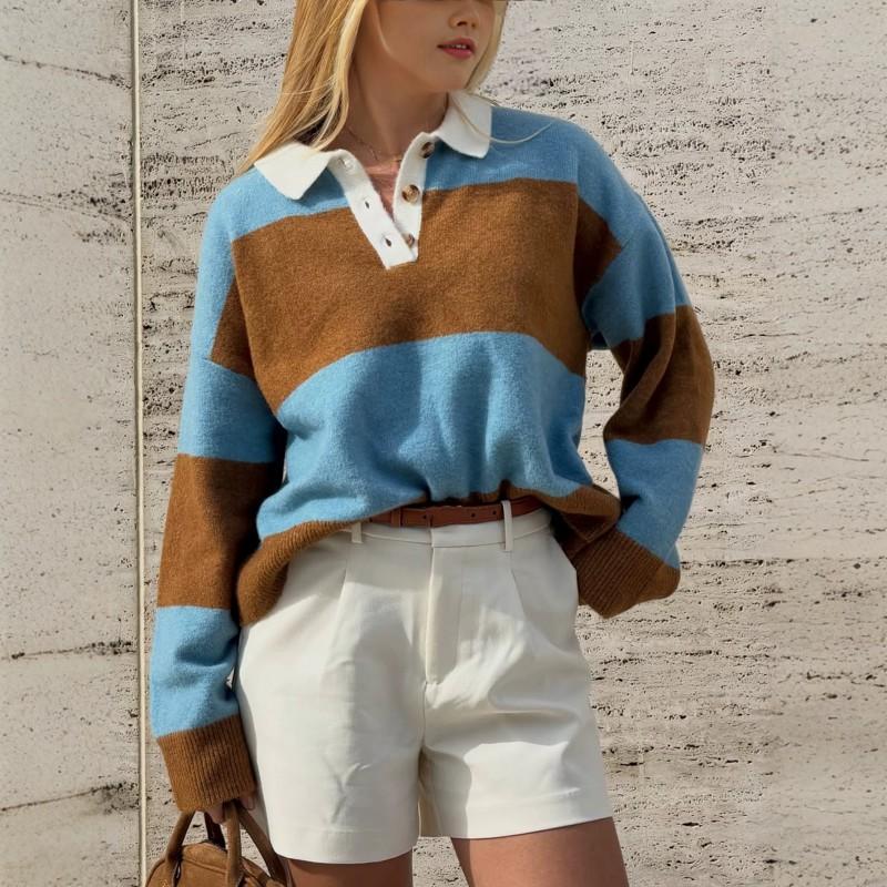 2026 Fall Winter Retro Color Block Striped Polo Neck Sweater Loose Fit Half Button Knit Top Women