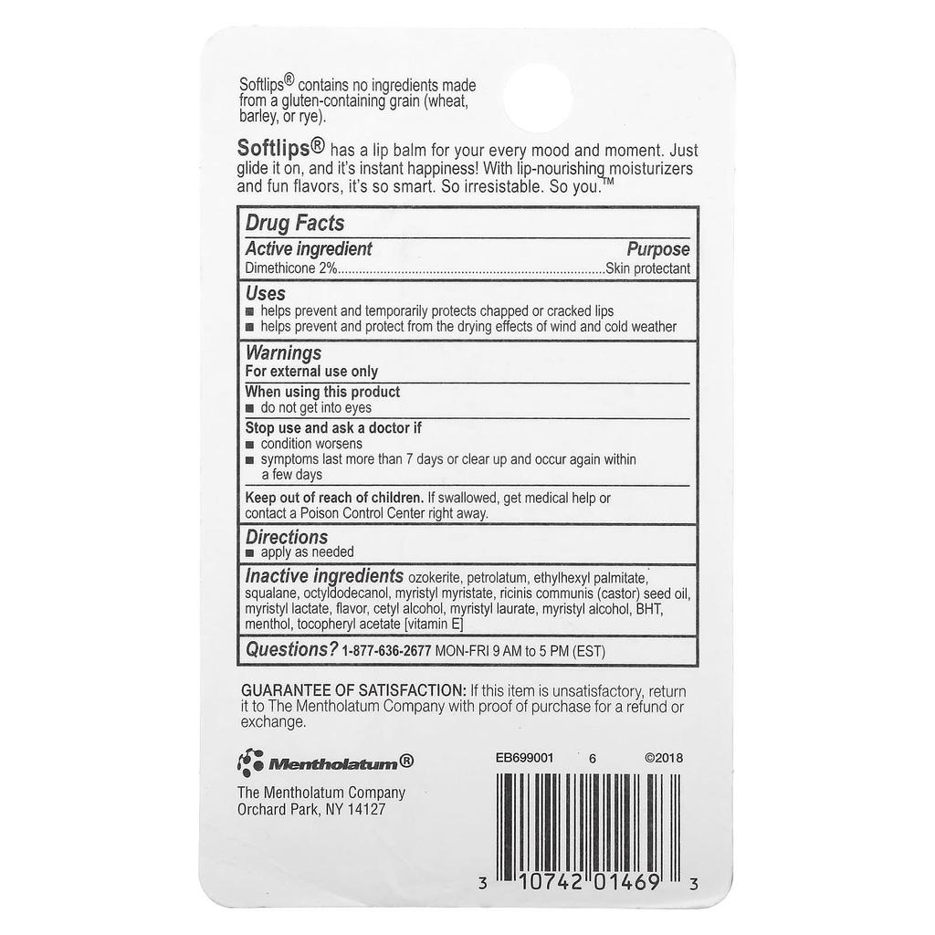 Softlips Защитная помада для губ, арбуз, тропический кокос, персиковая страсть, 3 шт, 2 г (0,07 унции) каждый