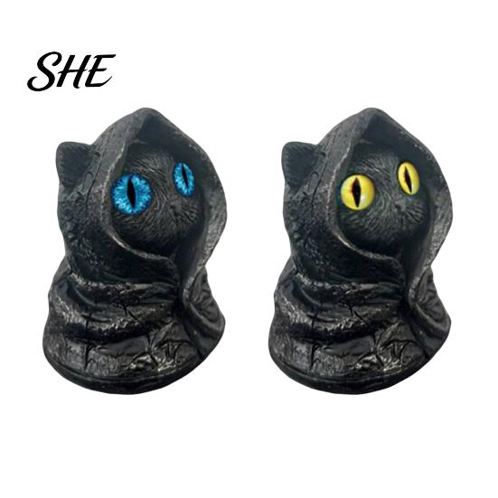 Waterproof Resin Craft Mysterious Hooded Black Cat Figurine, Gothic Wizard Statue with Big Eyes, Animal Ornament Mini Desktop Shelf Ornament,